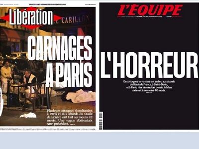 Первые полосы французских газет за 14.11.15. Источник - https://twitter.com/philipbromwell/