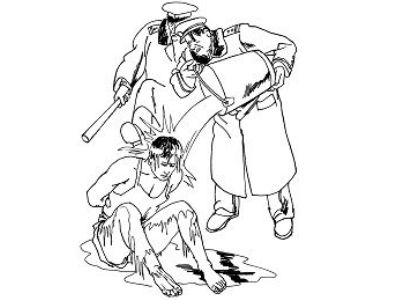 Иллюстрация пытки "обливание холодной водой на морозе". Источник: http://ru.minghui.org/articles/2012/8/1/59354.html