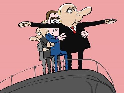 Путин и Медведев на "Титанике". Карикатура С.Елкина, источник - /www.politicalcartoons.com