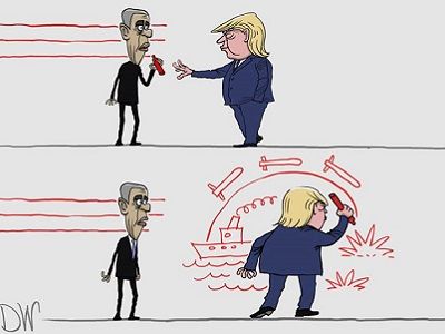 Трамп, Обама и "красные линии". Карикатура С.Елкина, источники - dw.com, www.facebook.com/sergey.elkin1
