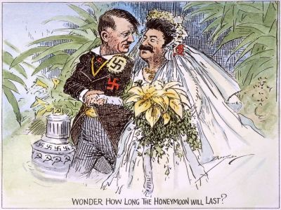 "Интересно как долго продлится медовый месяц?" Карикатура в американском журнале 1939 года после раздела Польши между СССР и нацистской Германией.