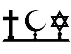 Символы трёх крупнейших авраамических религий: христианский крест, исламский полумесяц и иудейская звезда Давида